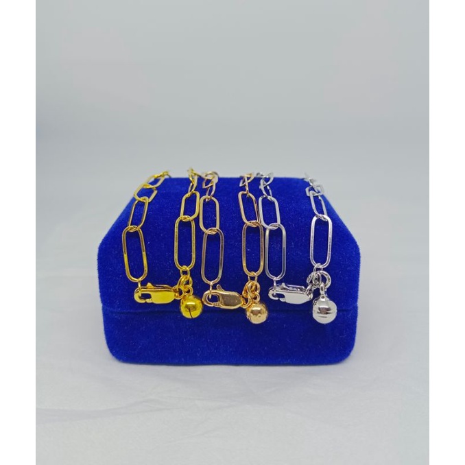 gelang tangan rantai paperclip+1bel/perak asli silver 925 lapis emas/perhiasan fashion wanita terbaru