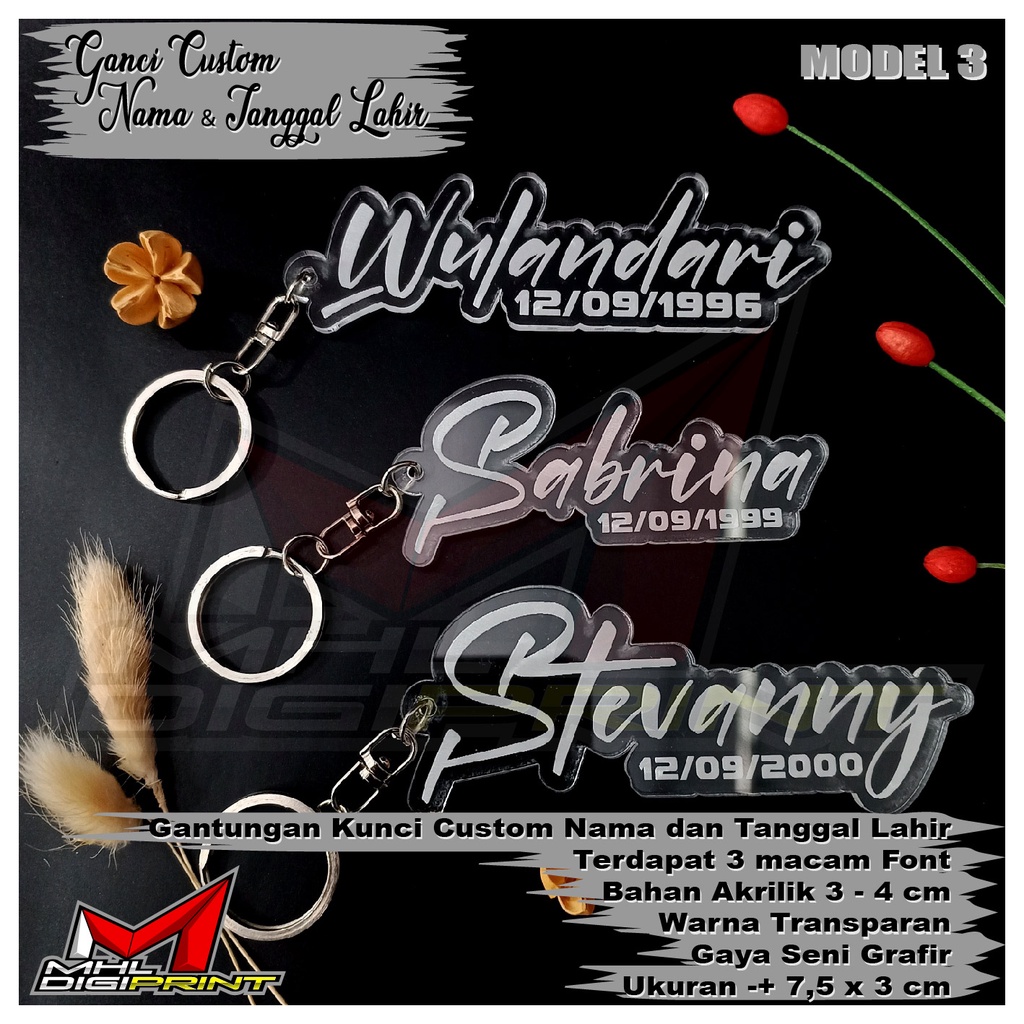 GANTUNGAN KUNCI AKRILIK CUSTOM NAMA DAN TANGGAL LAHIR - GANCI CUSTOM - SEHARI JADI - TANPA MINIMAL ORDER - GANTUNGAN KUNCI AKRILIK CUSTOM