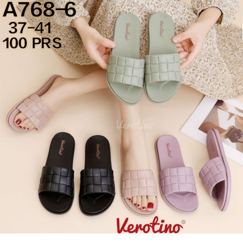 A768-6 Sandal Verotino Motif Kotak Ketupat Jelly Import Slop Wanita Sendal Flat Karet Cewek Perempuan Selop Impor Slip-On Glanzton Soffia A768 768 A733-29 A733