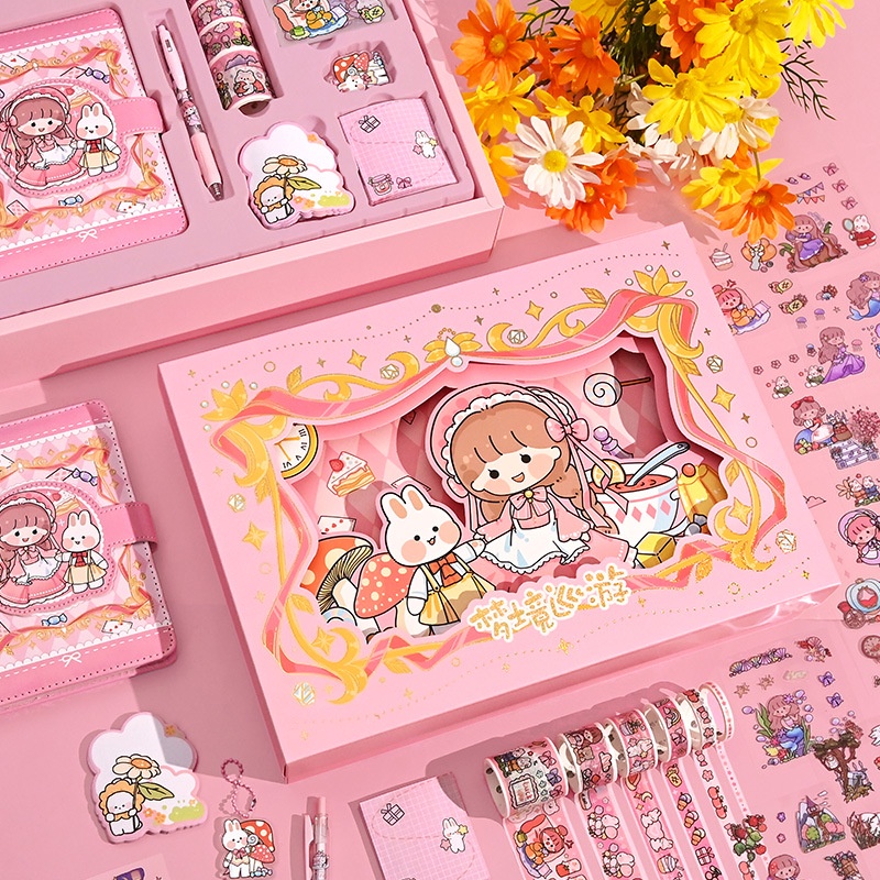 Lucu Pink Hand Akun Gift Box Dengan Stiker Post-it Notes Portable Pulpen Pisau Gesper Magnetik Kulit Notebook Alat Tulis Siswa