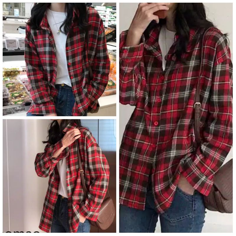 Kemeja Flannel Wanita Lengan Panjang Bahan Adem Nyaman Dipakai Kemeja Kotak Kotak Atasan Wanita Dewa