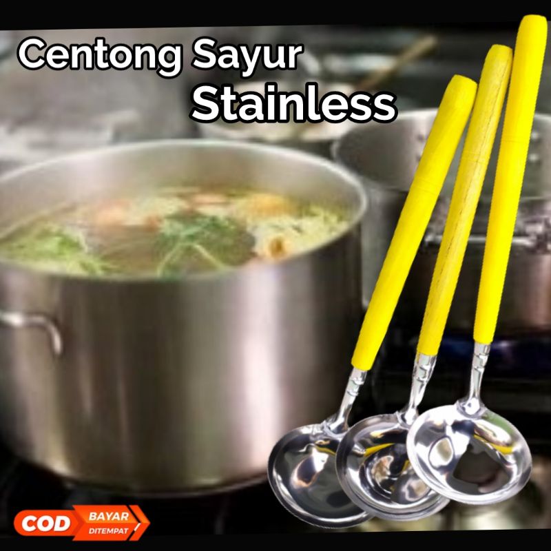 Sendok sayur Stainless - Centong Kuah Sop Anti karat - Irus gagang kayu