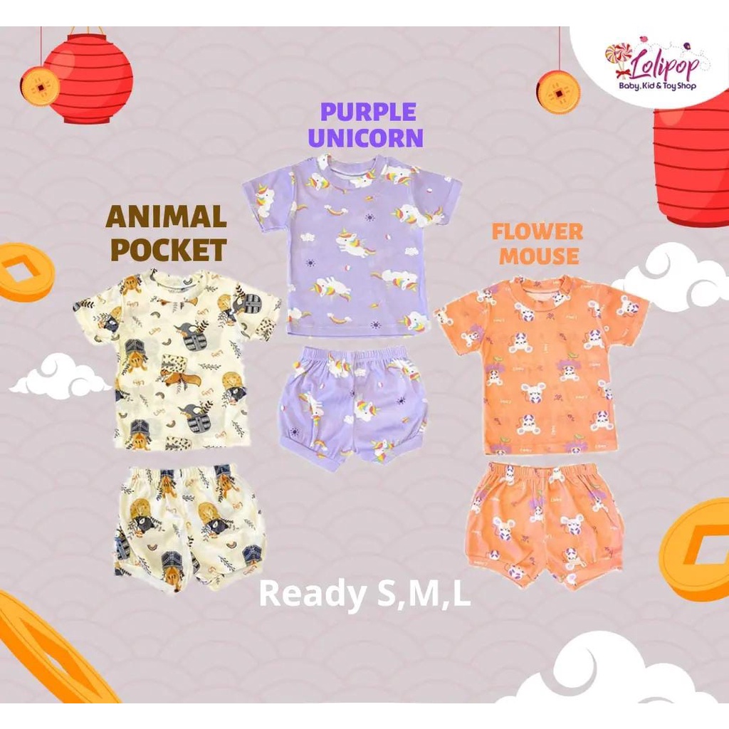 LIBBY Setelan Oblong Cotton Rib Pendek - Celana Pendek Series Girl Motif Happy Farm (1stel)