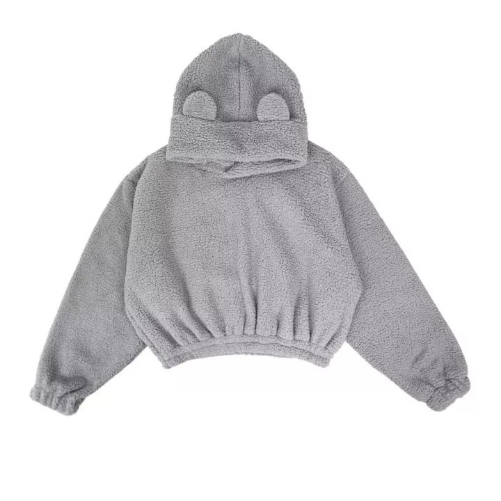 [NEW] Sweater Hoodie Crope Telinga Beruang Cute Sherpa Bulu Domba