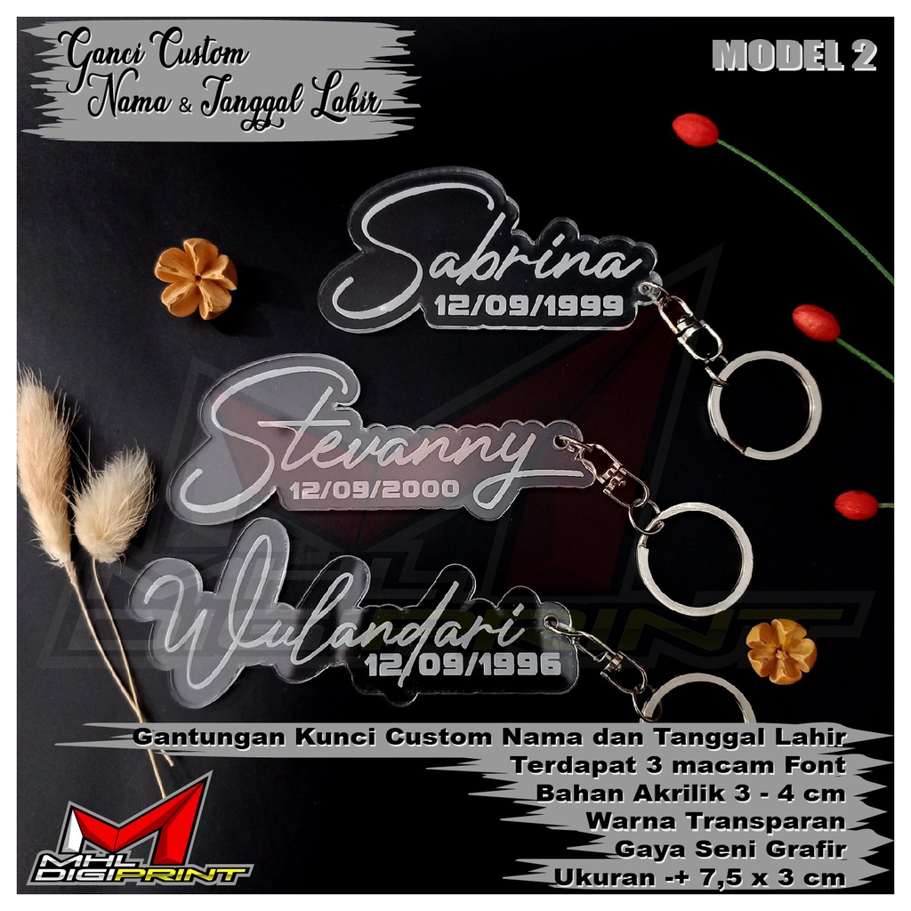 GANTUNGAN KUNCI AKRILIK CUSTOM NAMA DAN TANGGAL LAHIR - GANCI CUSTOM - SEHARI JADI - TANPA MINIMAL ORDER - GANTUNGAN KUNCI AKRILIK CUSTOM