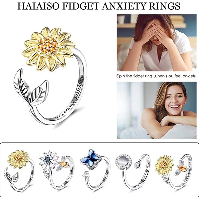 Kristal Pernikahan Jari Spinner Cincin Fidget Anxiety Ring Untuk Wanita Manik-Manik Daisy Menghilangkan Memutar Cincin Anti Stres Mainan Untuk Gadis