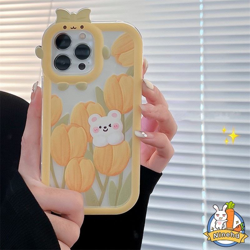 IPHONE Casing Kompatibel Untuk Iphone14 13 12 11 Pro Max X Xr Xs Max SE 2020 7 8 6 6s Plus Lukisan Minyak Golden Tulip Phone Case Anti-Drop Monster Kecil Silikon Soft Case Cover Pelindung