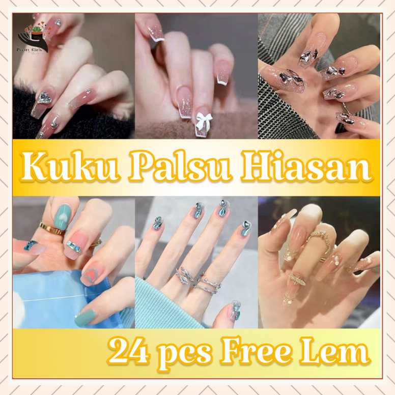 Pretty Kuku Palsu 24Pcs Tipe Z Free Lem/Fake Nails Cute/Long Nails Fashion Acylic Free lem 2gr/Fake Nail Art