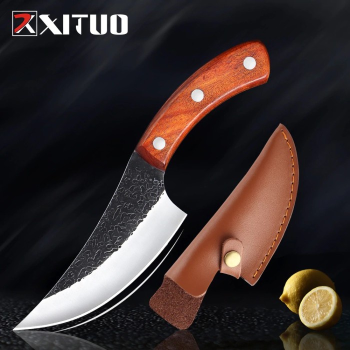 [Pisau Dapur] Pisau Dapur Baja Berburu Carbon Steel 60Hrc Gagang Kayu Sarung [Knife]
