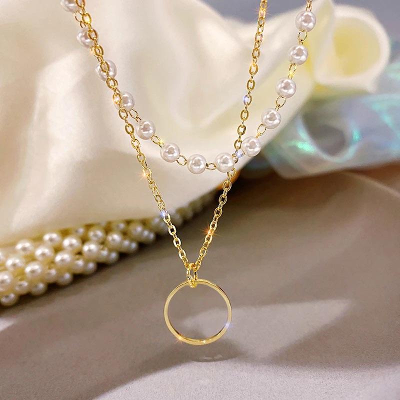 Kalung Choker Mutiara Double Layer Rantai Bulat Aksesoris Fashion