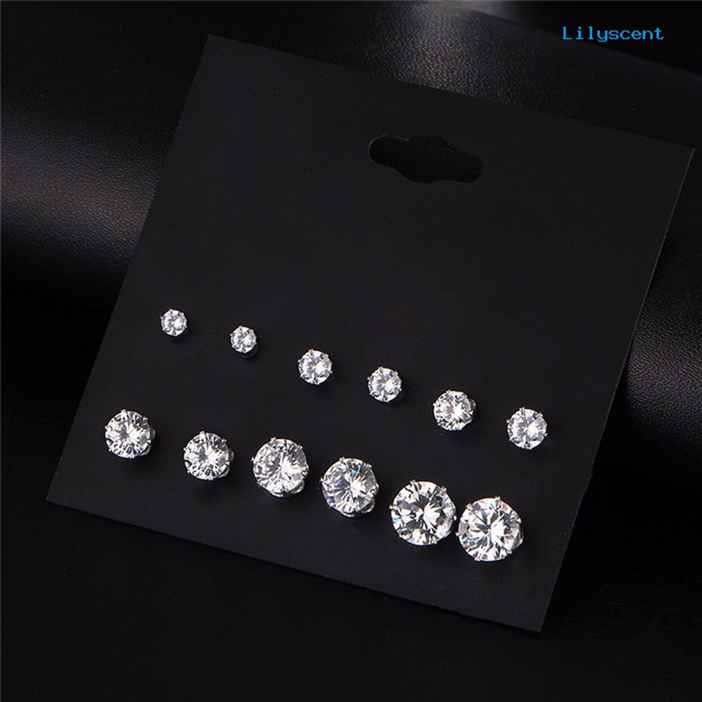 [LS] 6pasang Perhiasan Wanita Bulat Cubic Zirconia CZ Crown Ear Stud Earrings Hadiah Xmas