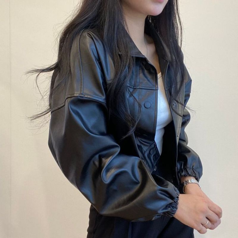 Mantel Kulit Antik Wanita 2020 Baru Longgar Hitam Pu Jaket Wanita Single Breasted Punk Pendek Faux Kulit Mantel Mujer