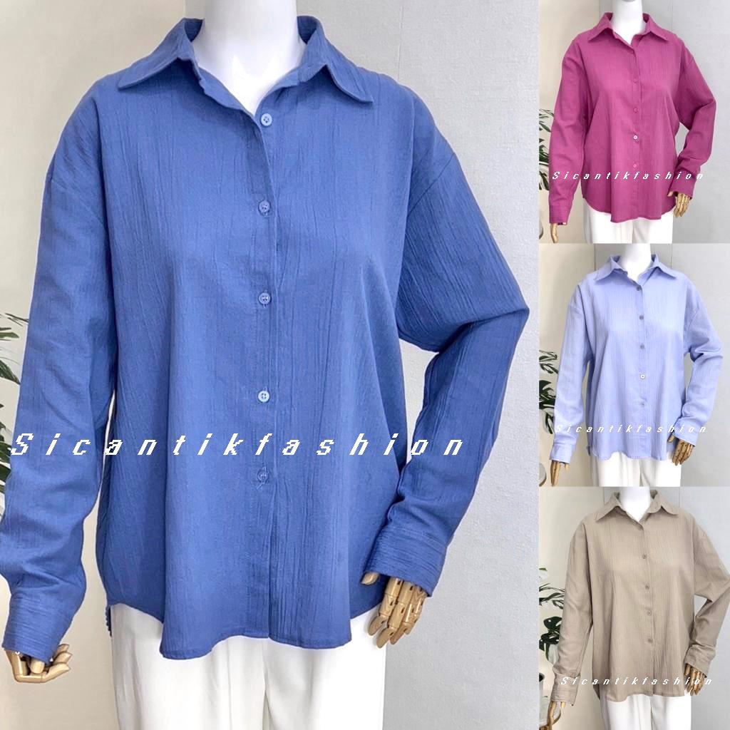 Kemeja Linen Crinkle Oversize Wanita Lengan Panjang Polos