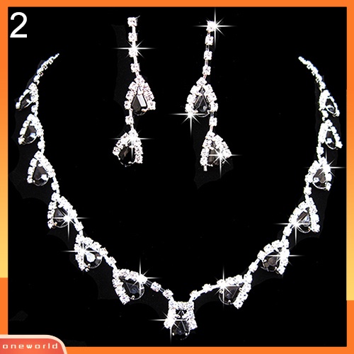 [oneworld] Wanita Mempesona Cubic Zirconia Kalung Kristal Liontin Anting Set Perhiasan Pengantin