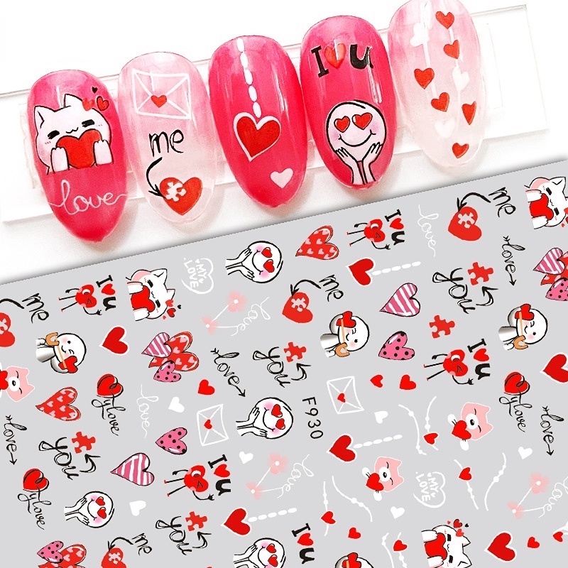 1lembar 3D Hari Kasih Sayang Stiker Kuku Cinta Hati Mawar Lucu Kartun Slider Penuh Bungkus DIY Decals Di Telepon Manicure Art Aksesoris