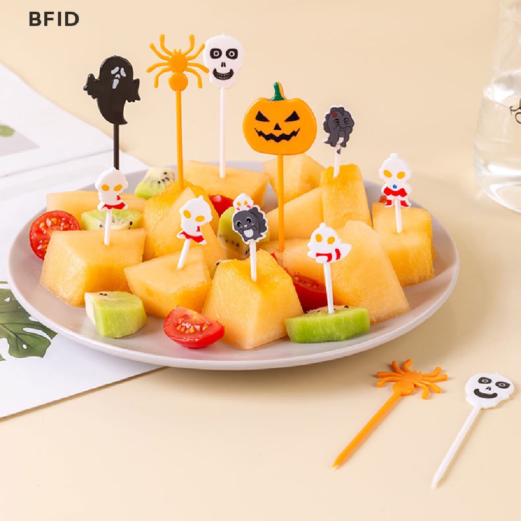 [BFID] 6/10pcs Halloween Set Garpu Buah Ultraman Garpu Plastik Tusuk Gigi Kue Portable [ID]