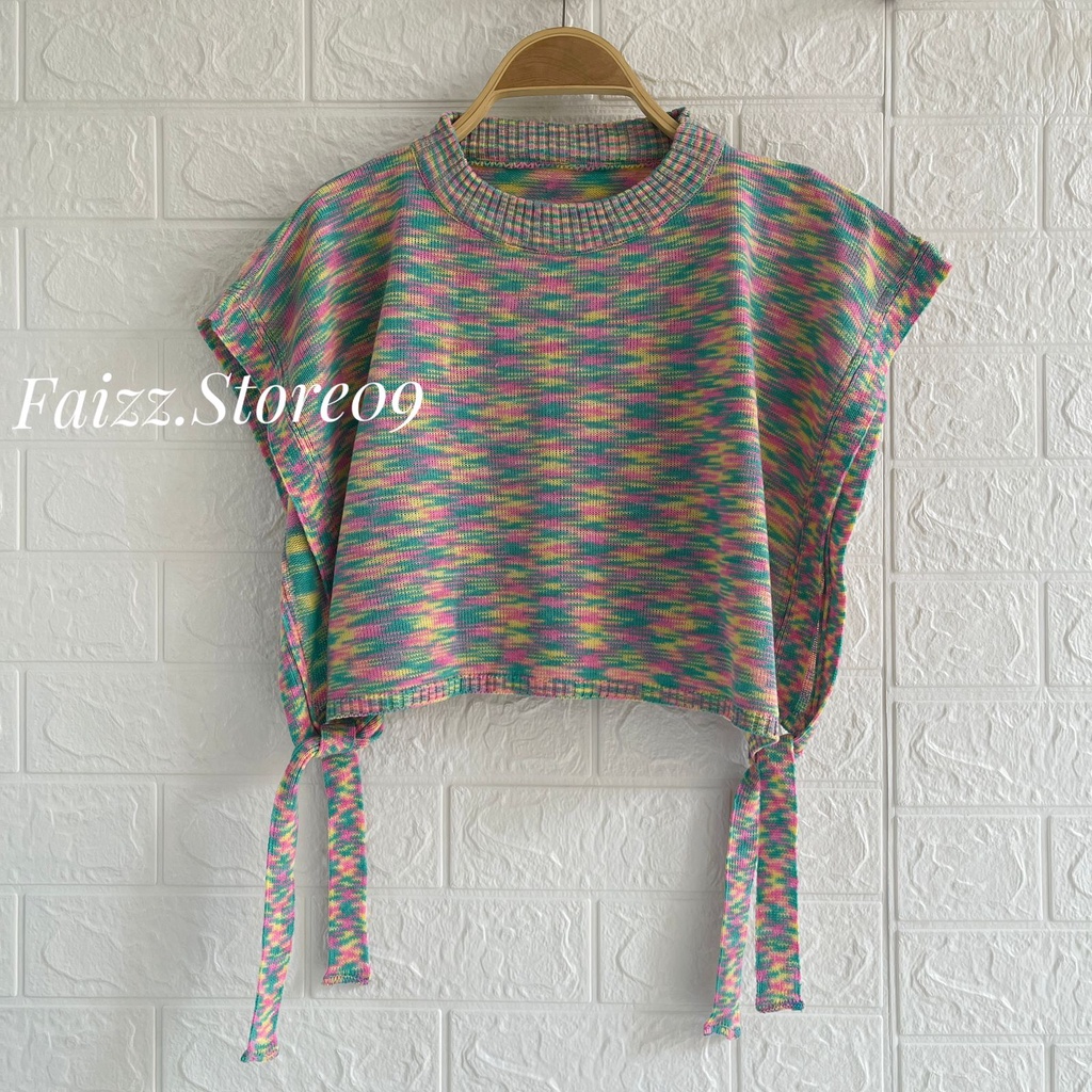 MIDA VEST CROP RAJUT TALI SAMPING WARNA ANGKASA WANITA