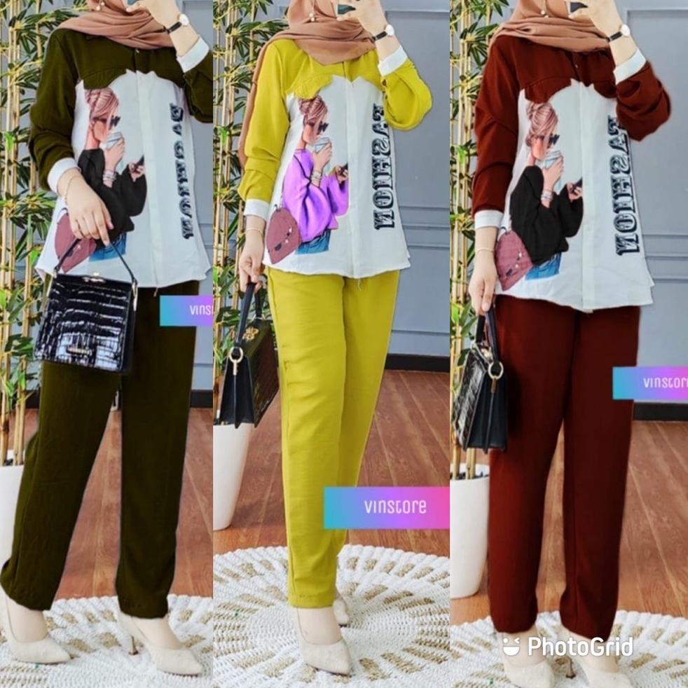 ↽ MINIGO Set Crinkle Printing Sablon - Setelan Crinkle Sablon Oversize LD 110 / One Set Minigo / Set