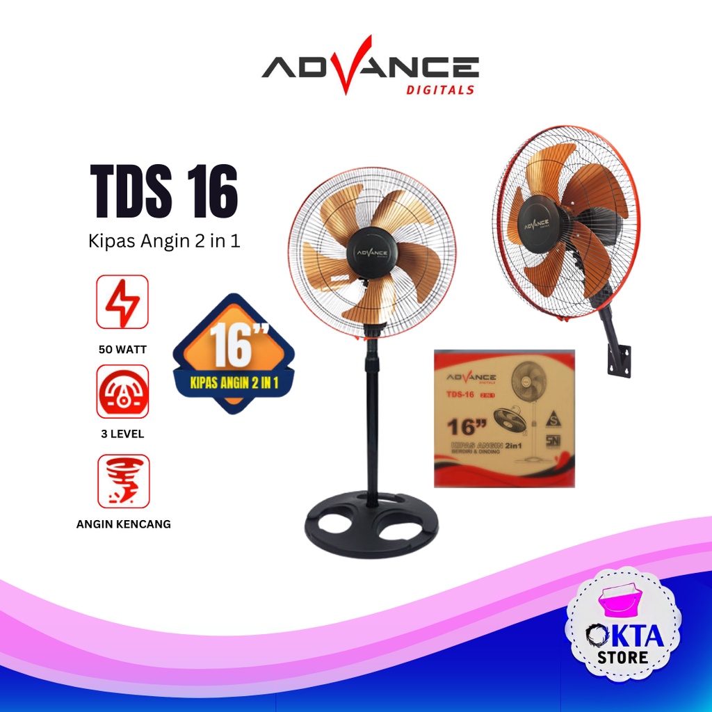 Advance Kipas Angin 2in1 Stand/Desk/Wall TDS-16 Garansi Resmi Advance 1 Tahun Kipas Tornado