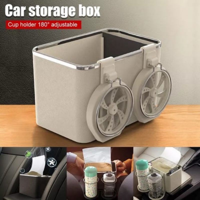 {DS} Tempat Tissue Mobil Serbaguna Kotak Penyimpanan Botol Minum Multifungsi Dengan 2 Cup Holder