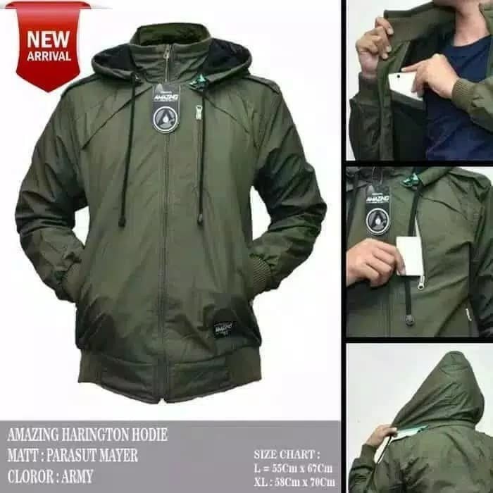 jaket pria JAKET HARINGTON HOODIE PARKA PRIA COWOK Jaket BOMBER Prasut Premium - Army, L(G6O0) Termu