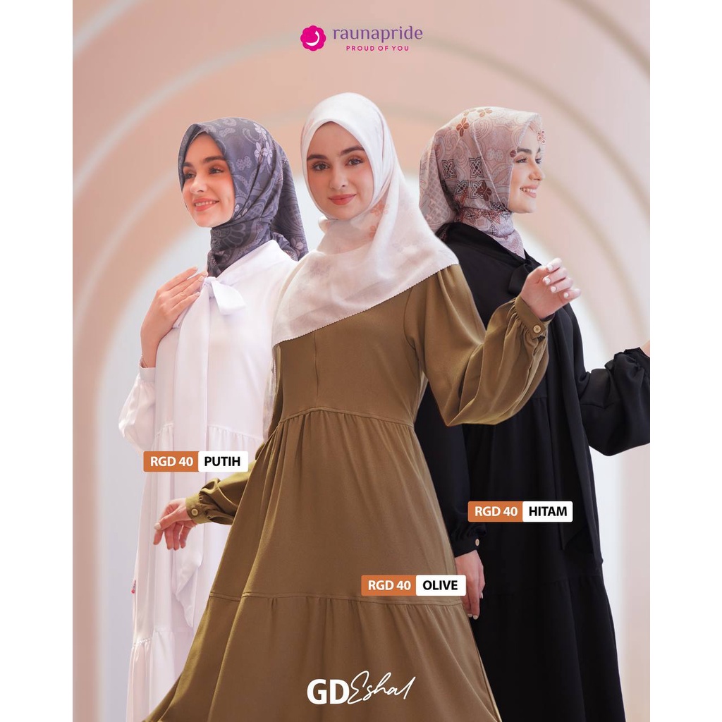 RAUNA DRESS GAMIS RGD 40 HITAM PUTIH OLIVE PAKAIAN MUSLIM WANITA