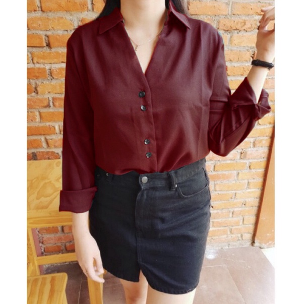 HipNop CAROLIN BLOUSE WANITA LENGAN PANJANG BLUS KANTOR CEWE CEWEK POLOS MAROON NAVY PUTIH