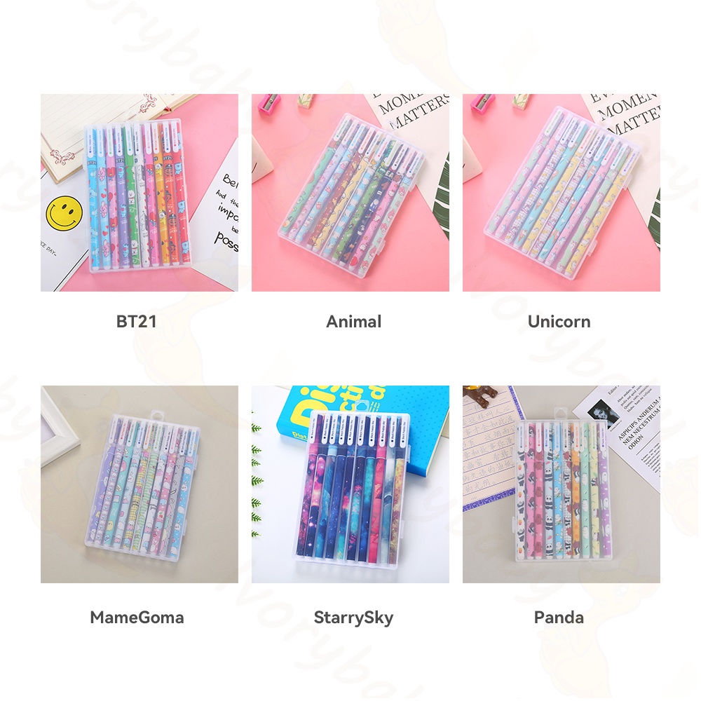 Ivorybaby 10pcs Pulpen gel warna warni tulisan lucu Bolpen bulpen gel warna warni karakter