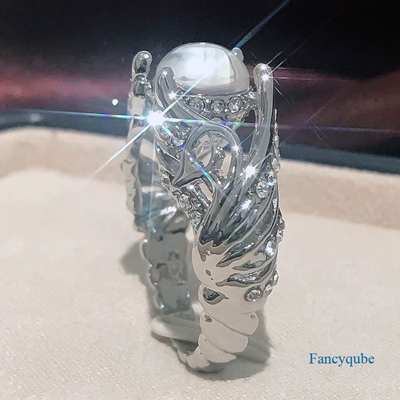 Indah925 Sterling Silver Cincin Sayap Malaikat Pernikahan Band Menawan Moonstone Berlian Perhiasan Aksesori Kasual Hadiah Natal