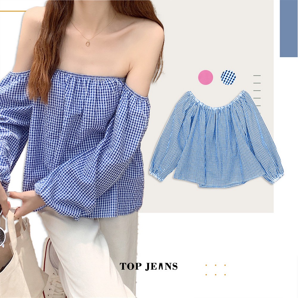 Blouse Sabrina Crop Lengan Panjang Model Balon Korean Style / Baju Atasan Wanita Motif Kotak Top Off