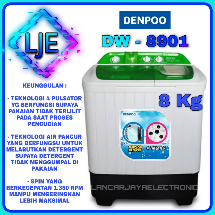 Mesin Cuci 2 Tabung 8 Kg Denpoo DW 8901 4 Pulsator - DW 8901