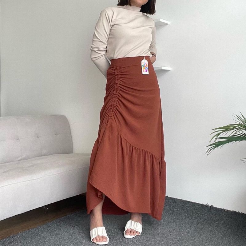 Abigail Skirt - Rok Serut Casual Flowy - Rok Wanita Korean Look - Midi Maxi Ruched Skirt - Rok Korean serut