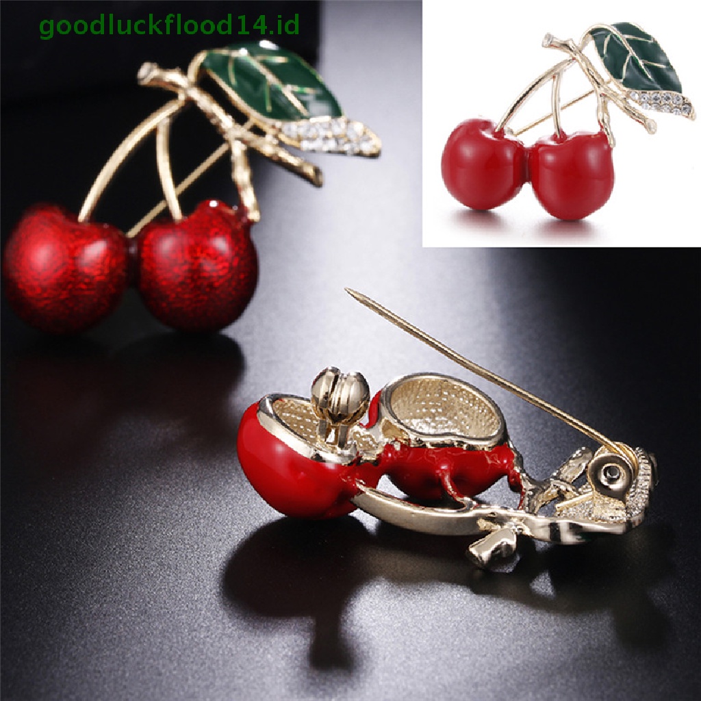 [GOOGFOUR] Enamel Merah Cherry Logam Bros Pin Tombol Kristal Bros Sweater Klip Perhiasan [TOP]