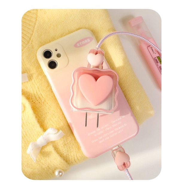 Pink &amp; Purple Heart Softcase Pelindung Kabel Cas HP Lucu Cable Charger Protector for iphone