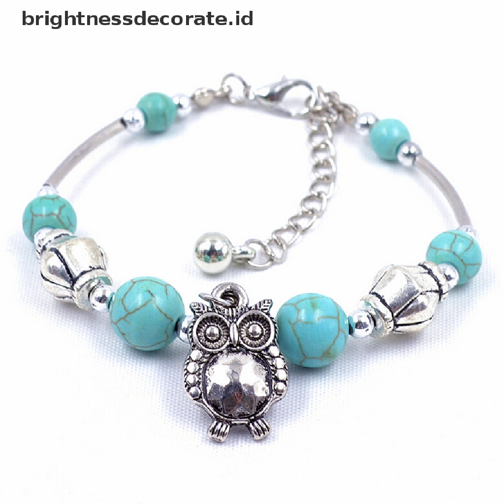 [Birth] 1pcs Wanita Vintage Pesona Perhiasan Perak Pld Owl Turquoise Gelang Bangle [ID]