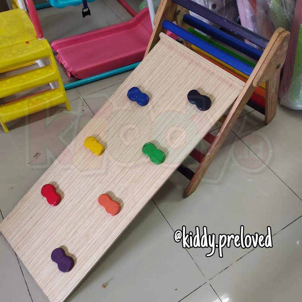 PRELOVED Jabodetabek Only- Pikler Triangle With Slide & Rock Climbing - Colorful Light Brown