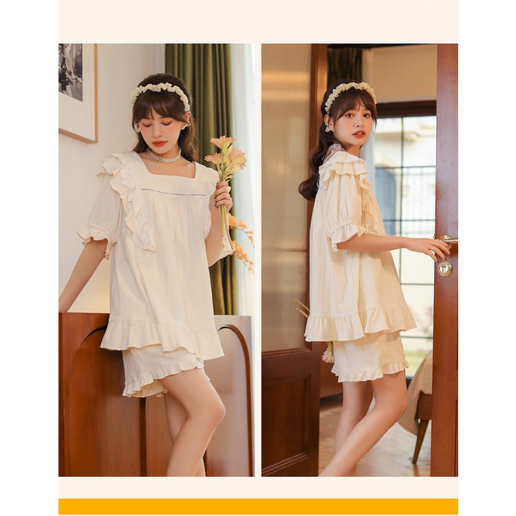 MR-09 set piyama sailor baju tidur wanita lengan pendek renda lolita putih import korea jepang