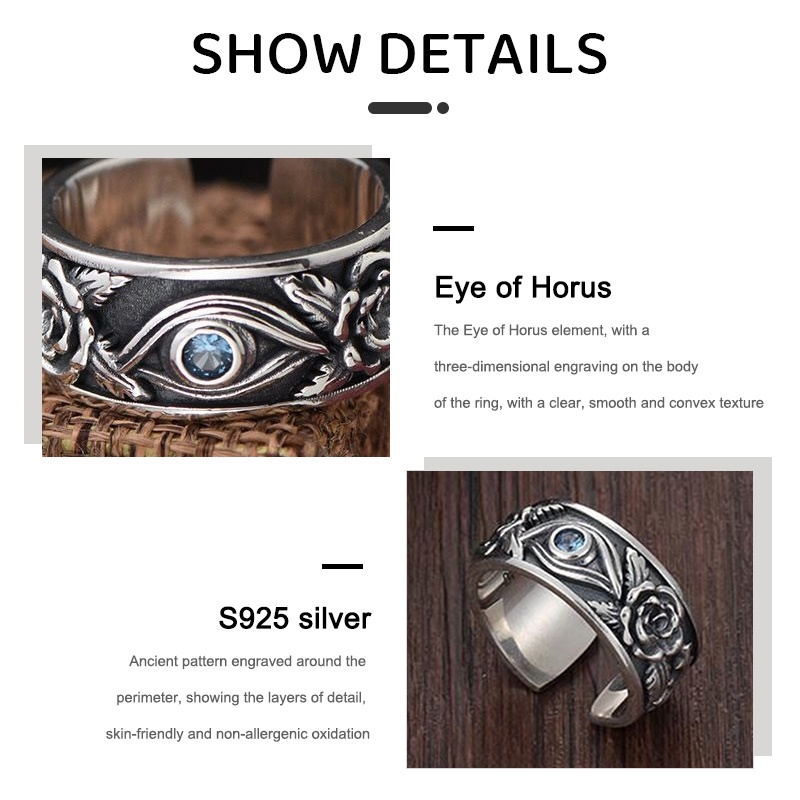 Cincin Desain Ukiran Mata Horus  S925 Thai Perak Vintage Pria Mendominasi Kepribadian Cincin