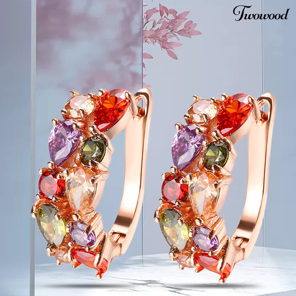 Twowood 1pasang Anting Wanita Trendi Warna-Warni Cubic Zirconia Nyaman Dipakai Aksesori Fashion Hoop Earrings Untuk Pesta