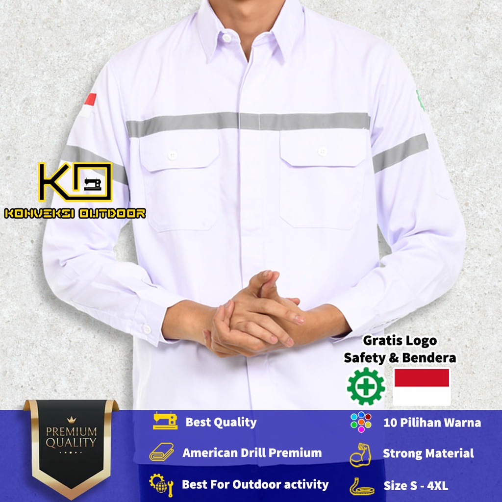 Kemeja Safety Pria Lengan Panjang - Baju Kemeja Kerja Proyek Wearpack Safety K3 Lapangan Outdoor Scotlite Indonesia Tebal Tambang Listrik Mekanik Teknisi Mesin Bangunan Werpack Driver Operator PLN Intalasi Listrik Enginer Teknik Sipil Kilang Warna Putih