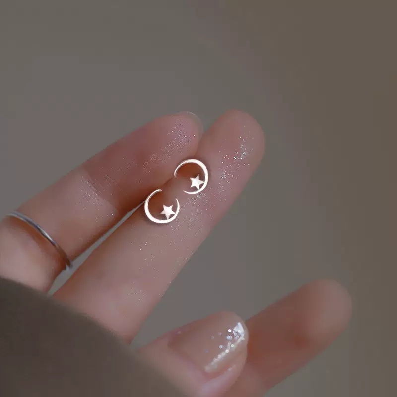 Kami Bunga Korea s925 Perak Bulan Bintang Kecil Stud Anting-Anting Untuk Wanita Perempuan Elegan Kecil Lingkaran Bulat Anting-Anting Perhiasan Hadiah