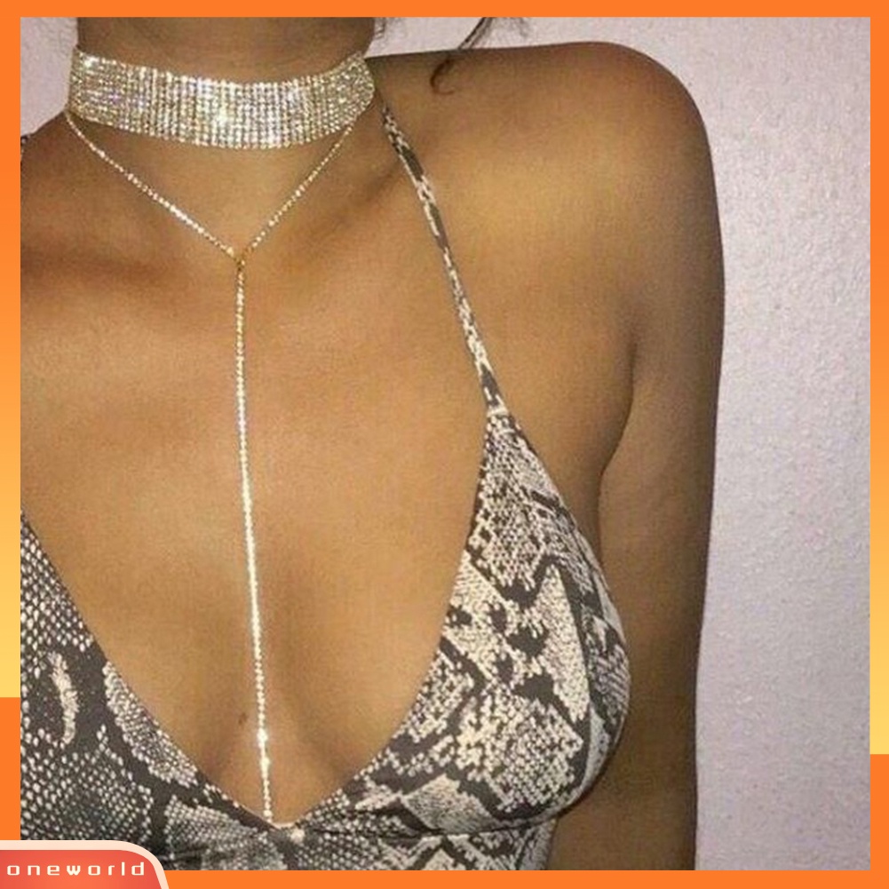 {oneworld} Wanita Fashion Berlian Imitasi Bertatahkan Multilayer Choker Rumbai Rantai Kalung Perhiasan