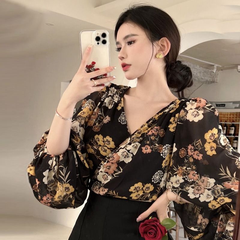 Red Lentera lengan pendek kemeja sifon musim panas v-neck retro slim dicetak kemeja perlindungan matahari atas perempuan rasa desain baru
