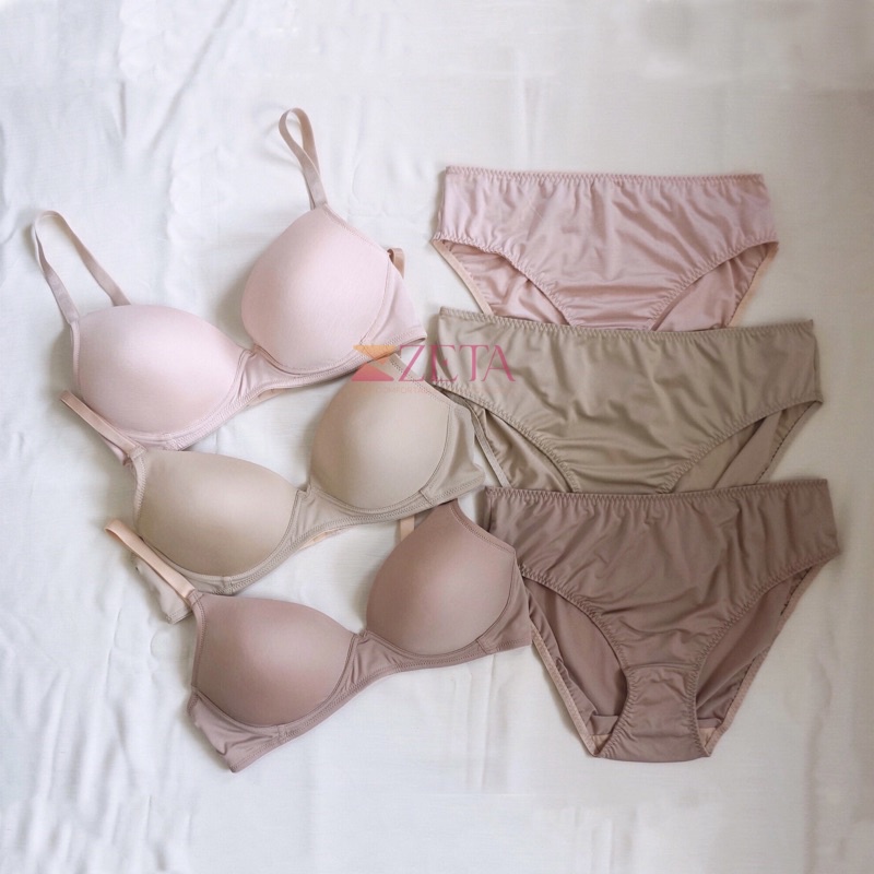 [ZETA] Rosella Set Skin Color | Set Pakaian Dalam Wanita Bra T-Shirt Tanpa Kawat dan Celana Dalam Mi