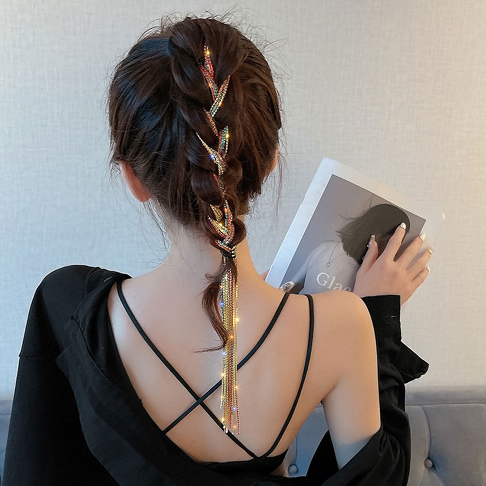 Perempuan Musim Panas Kotor Kepang Hairband Warna-Warni Flash Berlian Rantai Jepit Rambut Rumbai Sisi Jepit Rambut Fashion Rhinestones Aksesoris Rambut Mengepang Artefak Untuk Wanita