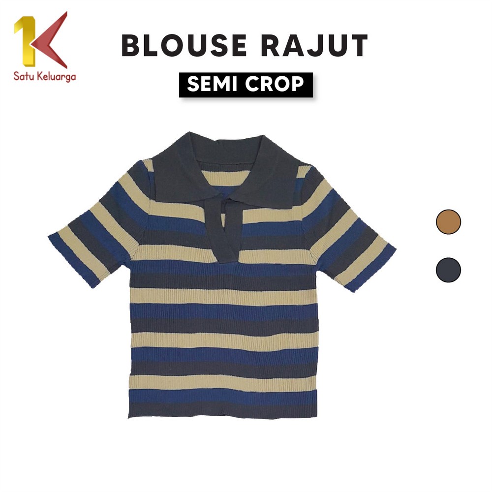 1K Blouse Wanita Semi Crop Rajut Motif Garis Vneck P481 Short Shirt Sleeve Knit Atasan Stripe Cewek