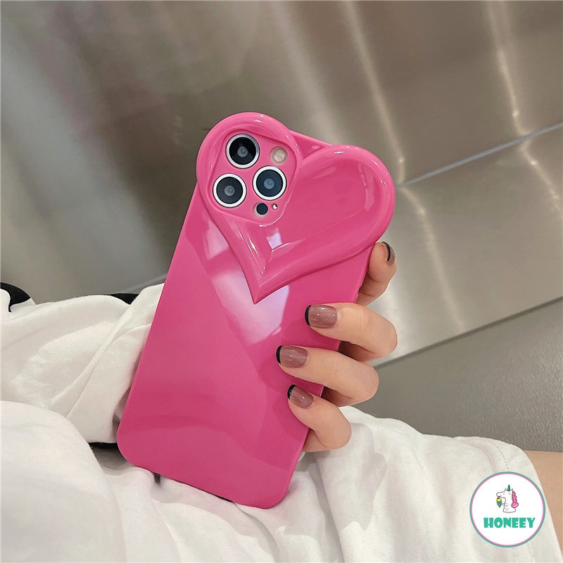 Luxury Rose Red 3D Love Heart Shape Phone Case Kompatibel Untuk IPhone 14 13 12 11 Pro Max Sarung Handphone Belakang TPU Lembut Menyerap Guncangan