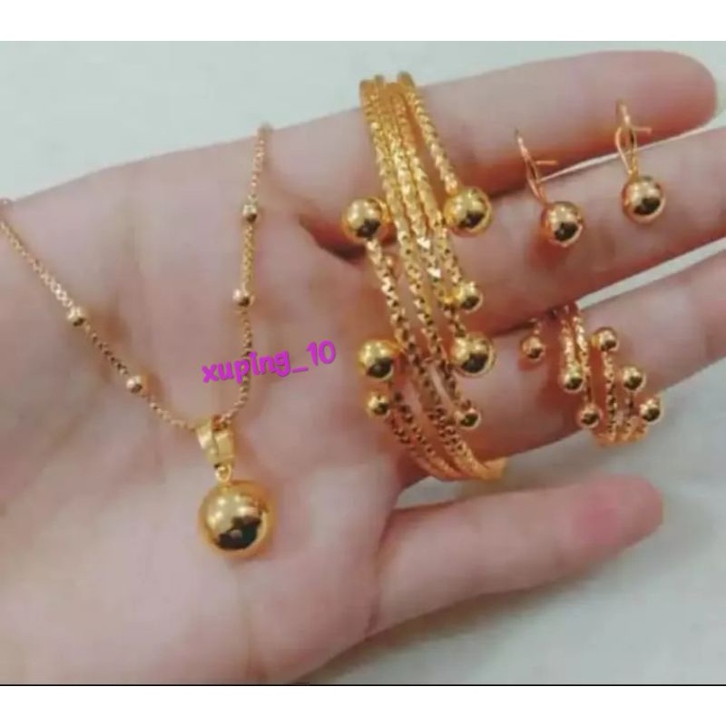 Set Perhiasan Wanita Motif Bola Ukir Titanium Lapis Emas 24k Mewah Elegant Original Bisa COD