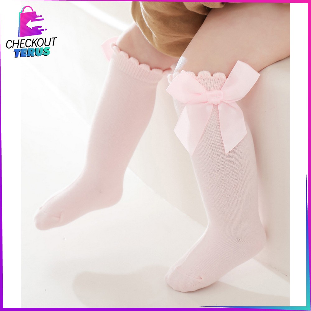 CT P532 Kaos Kaki Bayi Panjang Pita Selutut Anak Perempuan Motif Polos Anti Nyamuk Ribbon Sock Import