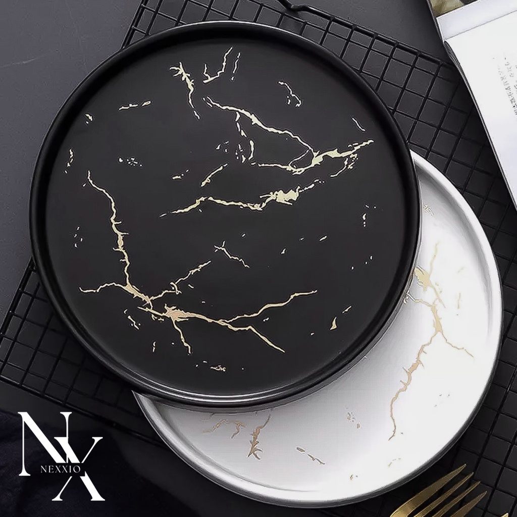 NEXXIO Crackle Plate Nordic Ins - Piring Makan Motif Marmer Hitam Putih Gold - Piring Makan Keramik Marble Gold Hitam Doff Dan Putih Doff